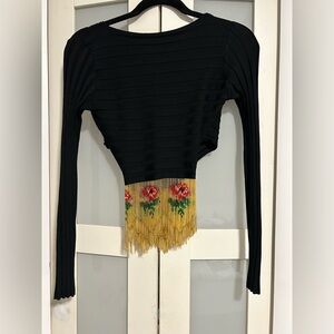 Wayne Rogers Elegant Black Top with Gold Bead Fringe Women's Top Size Medium